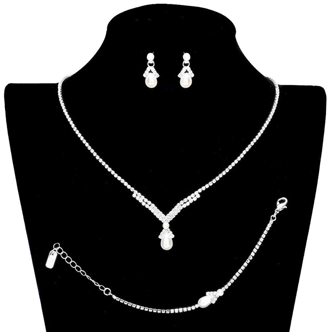 Silver 3PCS Teardrop Pearl Accented Rhinestone Necklace Jewelry Set. These Necklace jewelry sets are Elegant. Beautifully crafted design adds a gorgeous glow to any outfit. Jewelry that fits your lifestyle! Perfect Birthday Gift, Valentine's Gift, Anniversary Gift, Mother's Day Gift, Anniversary Gift, Graduation Gift, Prom Jewelry, Just Because Gift, Thank you Gift.