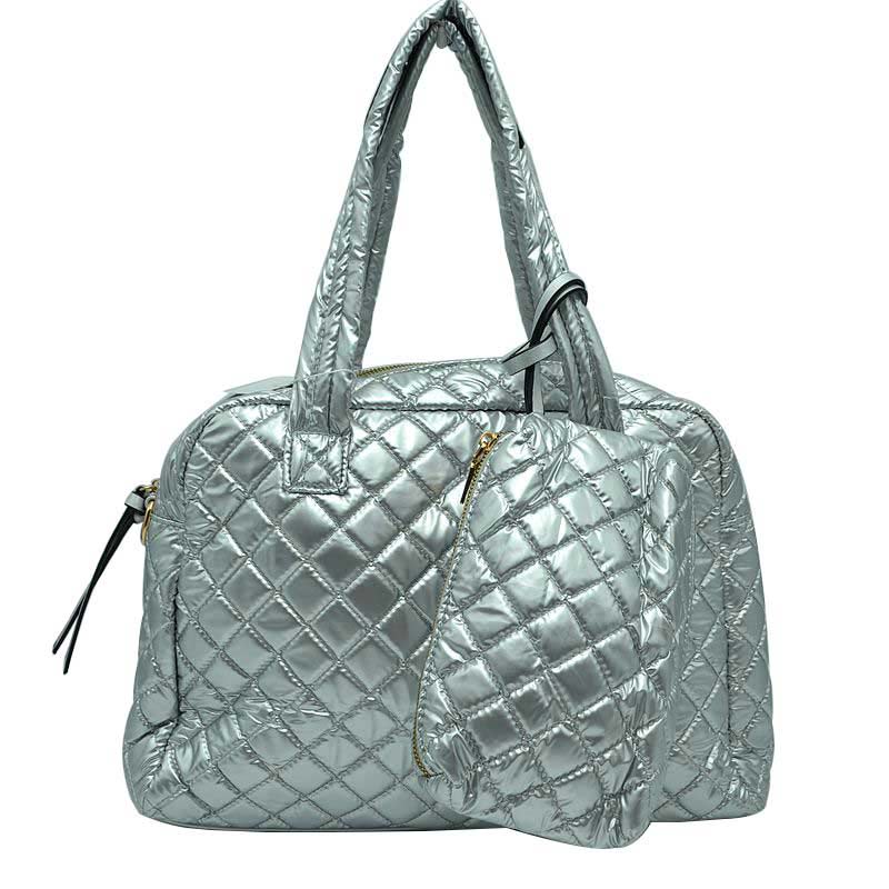 Silver 2 N 1 Large Quilted Tote Bag With Pouch, has plenty of room to carry all your handy items with ease. It also comes with a removable insert bag that doubles as lining to the bag or can be removed and worn as a shoulder bag. Trendy and beautiful bag that amps up your outlook while carrying. Great for different activities including quick getaways, long weekends, picnics, beach, or even going to the gym! Easy to carry with you in your hands or around your shoulders.