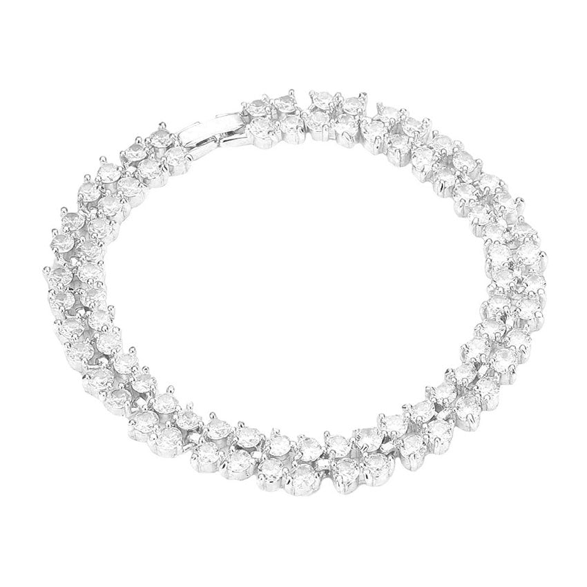 Silver 2Rows CZ Round Cluster Evening Bracelet, With its elegant design, this bracelet adds a feminine accent to any style. Pair it with your casual or formal attire. Get ready with these bright stunning fashion bracelets, put on a pop of shine to complete your ensemble. These CZ cluster bracelets are perfect for Party, Wedding and Evening.