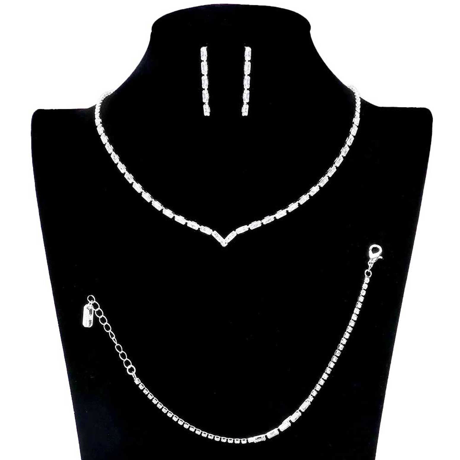 Silver 3PCS Chevron Accented Rectangle Stone Necklace Jewelry Set, These Necklace jewelry sets are Elegant. Beautifully crafted design adds a gorgeous glow to any outfit. Get ready with these stone Necklace and a bright Bracelet. Perfect for adding just the right amount of shimmer & shine and a touch of class to special events. Suitable for wear Party, Wedding, Date Night or any special events. Perfect Birthday, Anniversary, Prom Jewelry, Thank you Gift. 