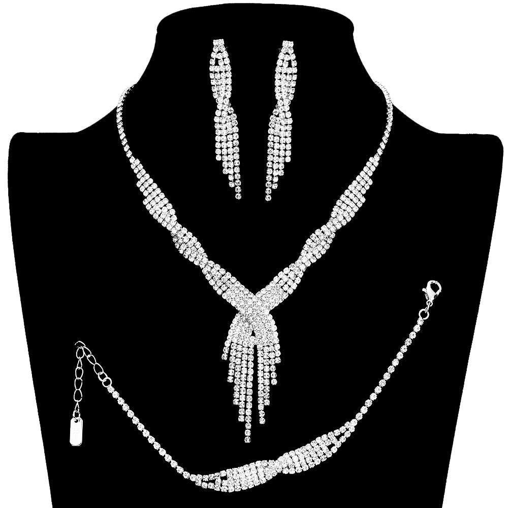 Silver 3PCS Rhinestone Crystal Fringe Necklace Jewelry Set, These gorgeous Rhinestone 3 pieces jewelry will show your class on any special occasion. The elegance of these rhinestones goes unmatched, great for wearing at a party! Perfect for adding just the right amount of glamour and sophistication to important occasions. These classy fringe themed necklaces are perfect for parties, Weddings, and Evenings. Awesome gift for birthdays, anniversaries, Valentine‚Äö√Ñ√¥s Day, or any special occasion.