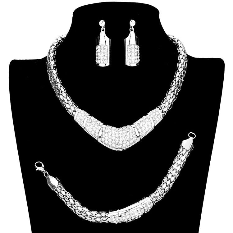 Silver 3PCS Rhinestone Pave Metal Chain Necklace Set. Stunning jewellery sets suits any style and occasion wear over your favorite tops and dresses this season!  Adds the perfect accent to your wardrobe. A timeless treasure designed to accent the neckline adds a gorgeous stylish glow to any outfit style, jewelry that fits your lifestyle! This piece is versatile and goes with practically anything! Fabulous gift, ideal for your loved one or yourself.