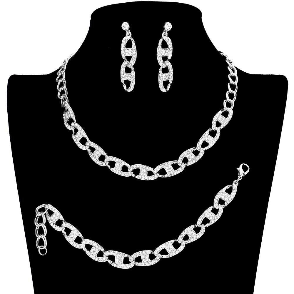 Silver 3Pcs Rhinestone Embellished Metal Link Necklace Jewelry Set, enhance your attire with these vibrant beautiful metal link necklaces to dress up or down your look. Look like the ultimate fashionista with this rhinestone-embellished metal link necklace! add something special to your outfit! It will be your new favorite accessory.