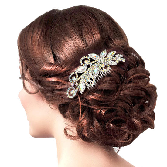 AB Silver Marquise Stone Accented Wedding Bridal Rhinestone Hair Comb. Perfect for adding just the right amount of shimmer & shine, will add a touch of class, beauty and style to your wedding, prom, special events, embellished glass crystal to keep your hair sparkling all day & all night long.