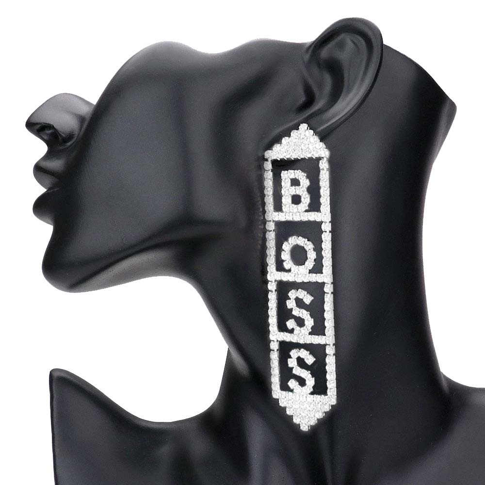 Silver Boss Rhinestone Pave Message Earrings, glitter with the perfect boldness and drags your confidence out. These bold and shiny earrings fit with your valiant characteristics and with any costume. Its conspicuous look draws attention to you and shows your active presence at Parties, Outdoor, at Office, on Halloween, Anniversary, Birthday, and any other occasion. A beautiful gift for your boss, friends, family, and loved ones. Enjoy your moments with glowing confidence.
