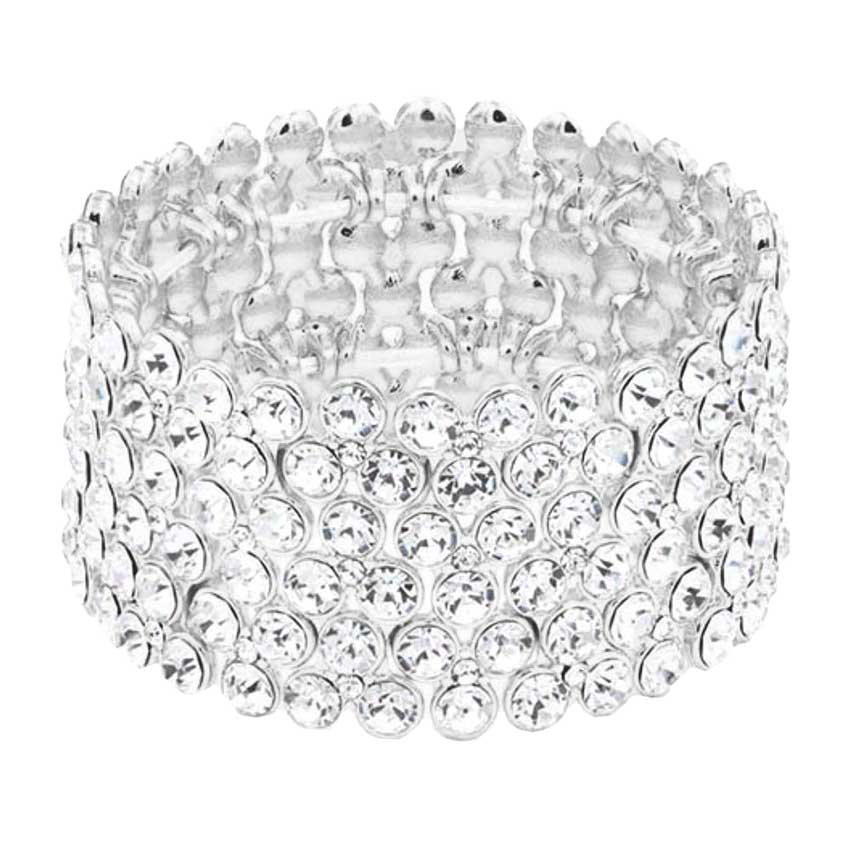 Silver Bubble Stone Stretch Evening Bracelet,  This Evening Bracelet sparkles all around with it's surrounding round stones, stylish evening bracelet that is easy to put on, take off and comfortable to wear. It looks stylish and is just the right touch to set off your dress. Suitable for Night Out, Party, Formal, Special Occasion, Date Night, Prom.