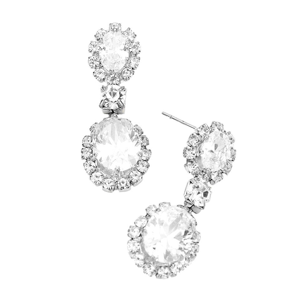 Silver CZ Double Oval Accented Dangle Evening Earrings. Beautifully crafted design adds a gorgeous glow to any outfit. Jewelry that fits your lifestyle! Perfect Birthday Gift, Anniversary Gift, Mother's Day Gift, Anniversary Gift, Graduation Gift, Prom Jewelry, Just Because Gift, Thank you Gift.