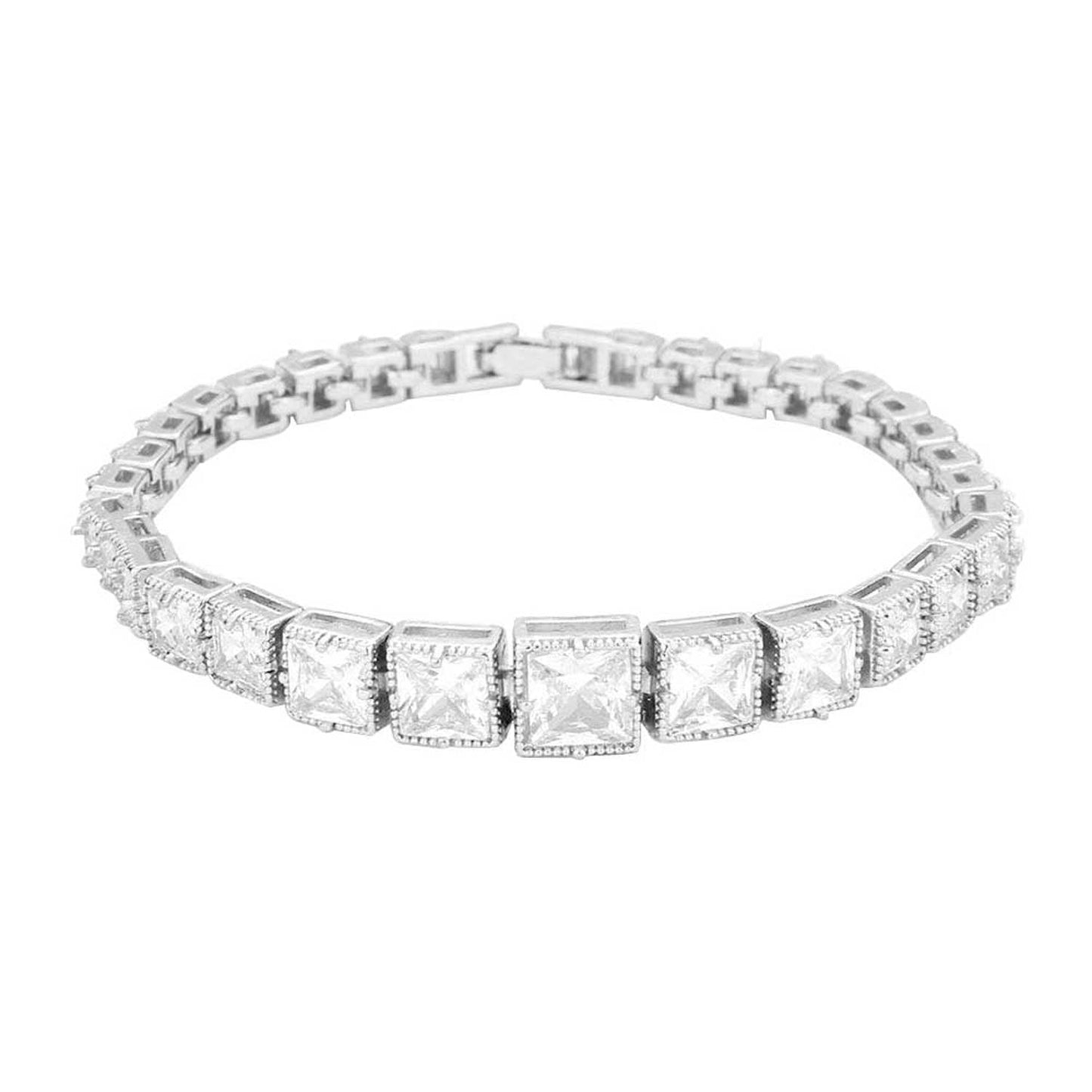 Silver CZ Square Cluster Evening Bracelet, put on a pop of color to complete your ensemble. Perfect for adding just the right amount of shimmer & shine and a touch of class to special events. Perfect Birthday Gift, Anniversary Gift, Mother's Day Gift, Graduation Gift, Prom Jewelry, Thank you Gift.