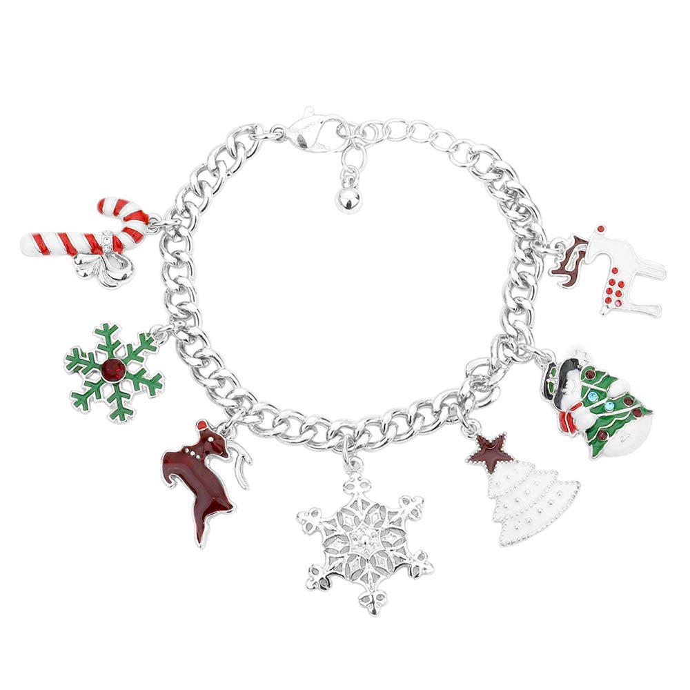 Silver Candy Cane Rudolph Christmas Tree Snowman Charm Bracelet, Get ready for Christmas with these bracelet. Carry the spirit of Christmas with you wherever you go. Perfect for adding just the right amount of shimmer & shine and a touch of class to special occasion. These Adorable bracelet are bound to cause a smile or two at the Christmas party. Perfect Gift December Birthdays, Christmas, Stocking Stuffers, Secret Santa, BFF, etc. Enjoy Christmas with absolute joy!  