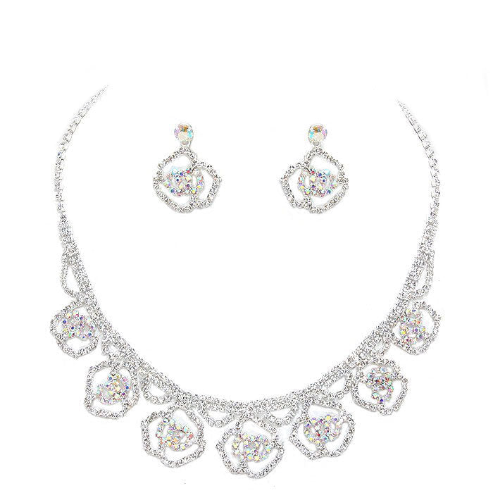 Silver Clear AB Crystal Rhinestone Rose Collar Necklace, Wear together or separate according to your event, versatile enough for wearing straight through the week, perfectly lightweight for all-day wear, coordinate with any ensemble from business casual to everyday wear, the perfect addition to every outfit.