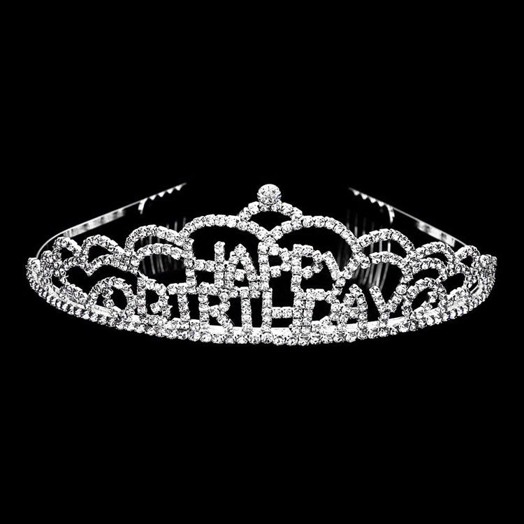 Silver Crystal Rhinestone Happy Birthday Party Tiara. this crystal rhinestone tiara is a classic royal tiara made from gorgeous rhinestone that reveals the epitome of elegance and birthday luxury, and grace. This unique Hair Jewelry is suitable for birthdays. to add a luxe, attraction, and a perfect touch of class. It's a very exquisite gift for the birthday girl that will bring a smile of joy to her.