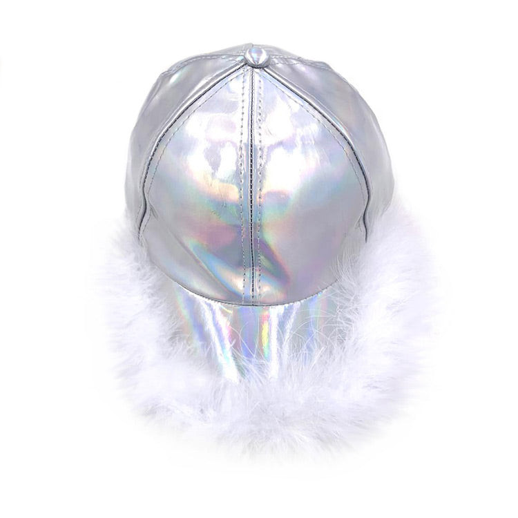 Silver Faux Feather Trimmed Hologram Baseball Cap, is an excellent trimmed hologram baseball cap that will reveal your smart and trendy choice! You’ll want to reach for this toasty warm cap for those chilly days or when having a bad hair day. Feather trimmed hologram baseball cap keeps you incredibly warm and looking totally trendy & chic. Accessorize the fun way with this feather-trimmed hologram baseball hat, it's the autumnal touch you need to finish your outfit in style