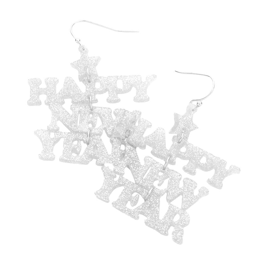 Silver HAPPY NEW YEAR Glittered Message Dangle Earrings, make yourself an individual statement of fashion with these beautiful dangle earrings on new year's eve. Get into the holiday spirit with our gorgeous handcrafted glittered earrings. Bright designs with message-themed colors and patterns will be the perfect and trendy choice for your new year costumes.