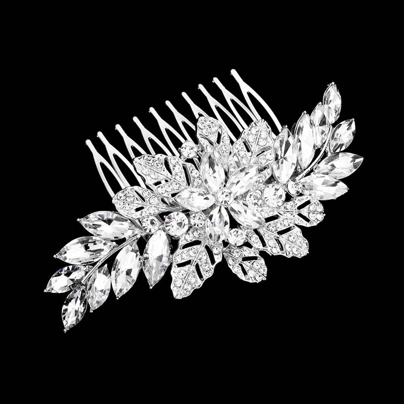 Silver Marquise Flower Stone Embellished Hair Comb, Perfect for adding just the right amount of shimmer & shine to your hair to glow with beauty. It will add a touch of class, beauty, and style to your wedding, prom, or special events. The Flower Stone Embellishment keeps your hair sparkling all day & all night long. The elegant design will enhance your beauty attracting everyone's attention and transforming you into a bright star to wear with this flower hair comb. Make your style in a gorgeous way!