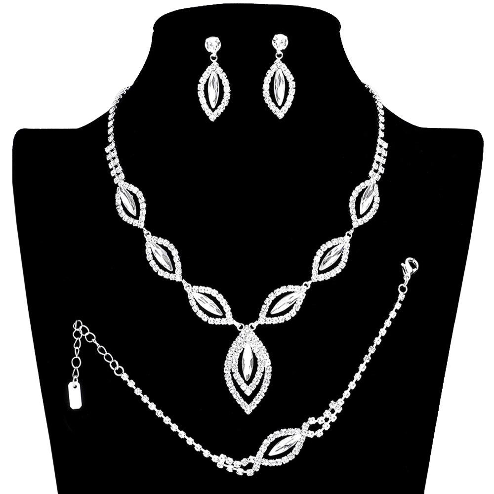 Silver Marquise Rhinestone Necklace Jewelry Set. Stunning jewelry sets suits any style and occasion wear over your favorite tops and dresses this season!  Adds the perfect accent to your wardrobe. A timeless treasure designed to accent the neckline adds a gorgeous stylish glow to any outfit style, jewelry that fits your lifestyle! This rhinestone jewelry set piece is versatile and goes with practically anything! A fabulous gift, ideal for your loved one or yourself.