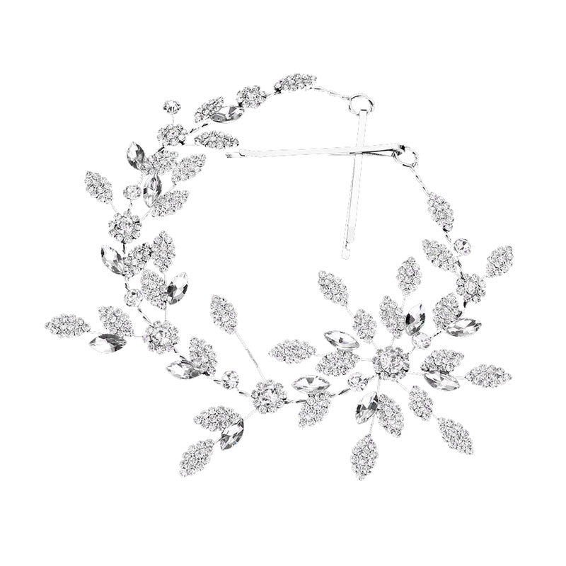 Silver Marquise Stone Accented Rhinestone Leaf Cluster Vine Wrap Headpiece. Perfect for adding just the right amount of shimmer & shine, will add a touch of class, beauty and style to your wedding, prom, special events, embellished glass crystal to keep your hair sparkling all day & all night long.