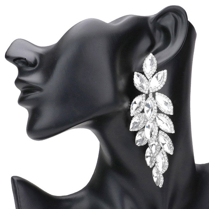 Silver Marquise Stone Cluster Vine Dangle Evening Earrings. Look like the ultimate fashionista with these Earrings! Add something special to your outfit! Ideal for parties, weddings, graduation, prom, holidays, pair these studs back earrings with any ensemble for a polished look. These earrings pair perfectly with any ensemble from business casual, to night out on the town or a black-tie party.