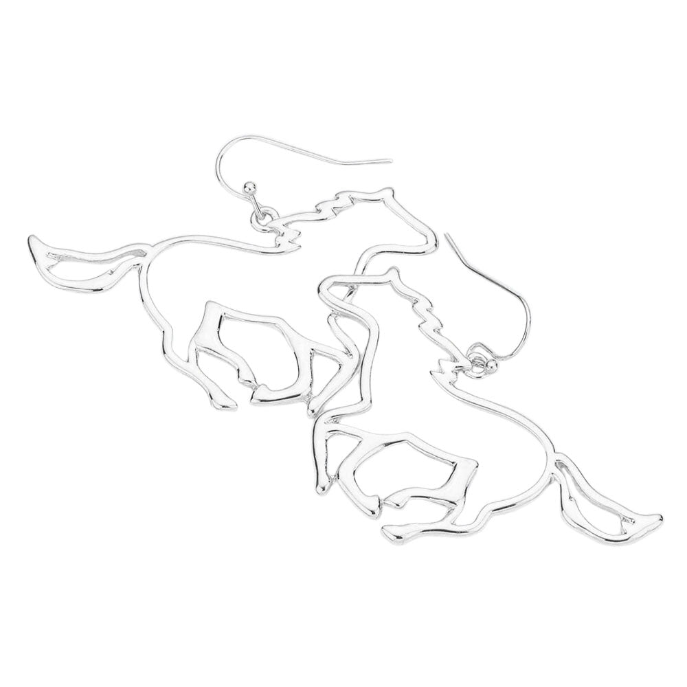 Silver Metal Cut Out Horse Dangle Earrings, are beautifully designed Horse Earrings that dangle on your earlobes with a perfect glow to make you stand out and show your unique and beautiful look everywhere. These are Perfect gifts for weddings, Mother’s Day, anniversaries, holidays, Valentine’s Day, or any occasion.
