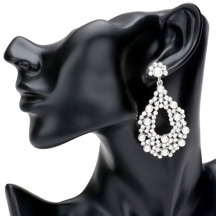 Silver Pearl Detail Rhinestone Open Teardrop Evening Earrings, These gorgeous rhinestone pieces will show your class in any special occasion. The elegance of these crystal evening earrings goes unmatched. Perfect jewelry to enhance your look. Awesome gift for birthday, Anniversary, Valentine’s Day or any special occasion.