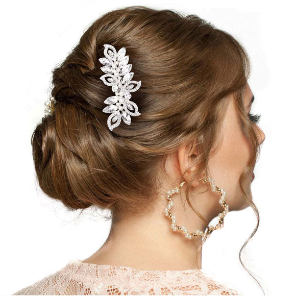 Silver Pearl Marquise Stone Accented Leaf Hair Comb. Perfect for adding just the right amount of shimmer & shine, will add a touch of class, beauty and style to your wedding, prom, special events, embellished pearl stone to keep your hair sparkling all day & all night long. The elegant design will enhance your beauty, attracting everyone's attention and transforming you into a bright star to wear with this hair comb.