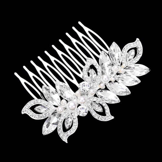 Silver Pearl Marquise Stone Accented Leaf Hair Comb. Perfect for adding just the right amount of shimmer & shine, will add a touch of class, beauty and style to your wedding, prom, special events, embellished pearl stone to keep your hair sparkling all day & all night long. The elegant design will enhance your beauty, attracting everyone's attention and transforming you into a bright star to wear with this hair comb.