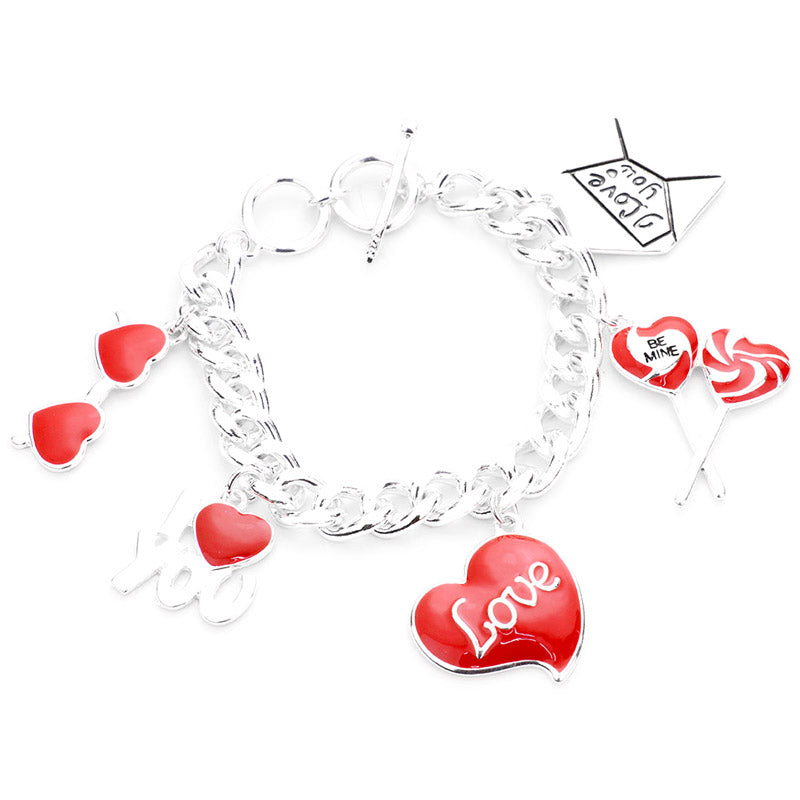 Silver Red I Love You Heart Charm Toggle Bracelet I Love You Bracelet, Charm Bracelet, heart theme charms, simple yet elegant. Can go from the office to after-hours with ease, stylish toggle bracelet comfortable to wear. Perfect gift for your loved one. Perfect Birthday Gift, Valentine's Day Gift, Mother's Day Gift, Love you Gift