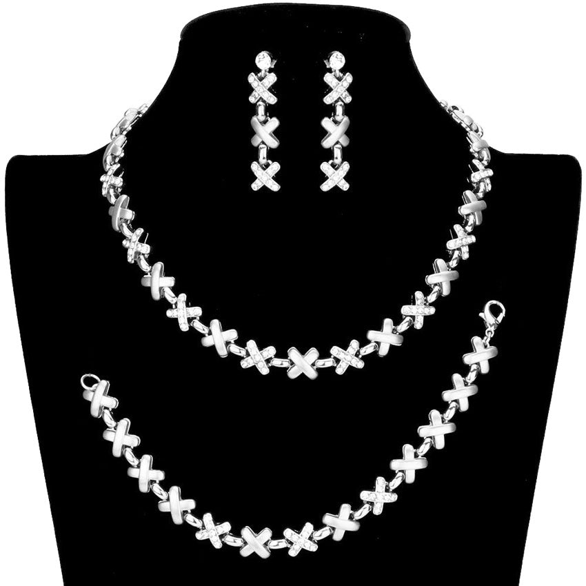 Silver Rhinestone Embellished Crisscross Link Necklace Jewelry Set, Beautifully crafted design adds a gorgeous glow to any outfit. Get ready Necklace with a bright Bracelet. Perfect for adding just the right amount of shimmer & shine and a touch of class to special events. Perfect Birthday Gift, Anniversary Gift, etc.