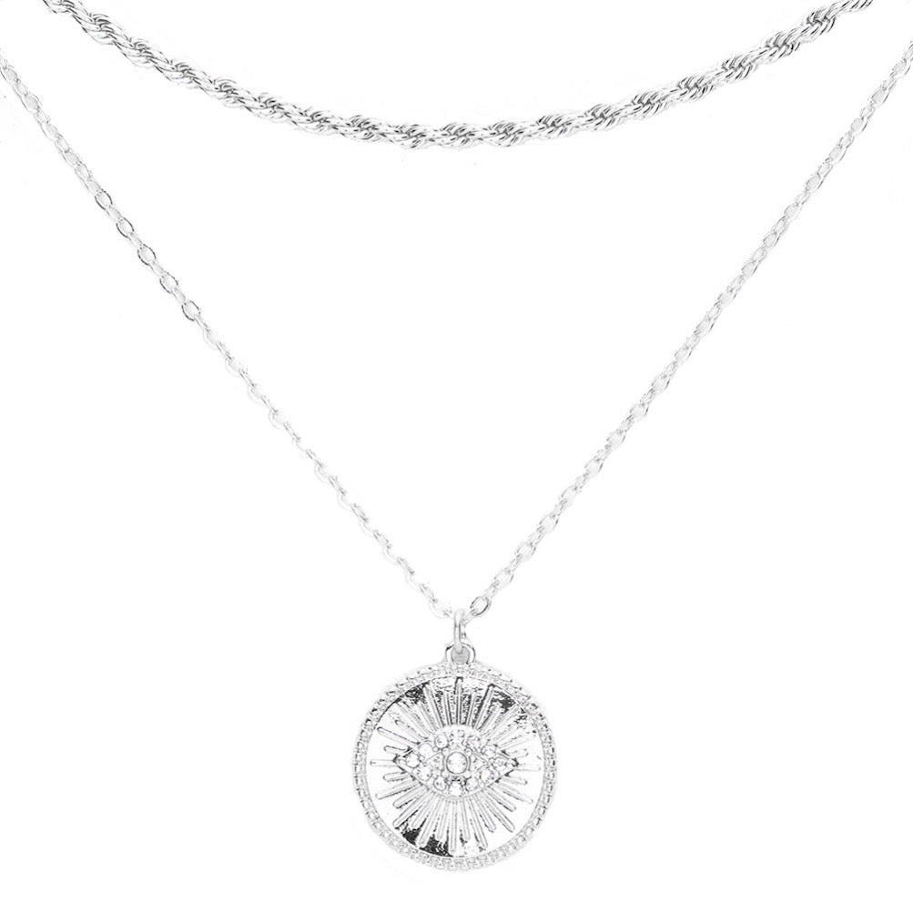 Silver Rhinestone Embellished Evil Eye Charm Round Pendant Layered Necklaces; when someone eyes your good fortune with jealousy or gluttony, the evil eye necklace is a known symbol to protect & ward off negative energy. Great gift: Vacation, Birthday, Anniversary, Christmas, Just Because, Valentine's, Mother's day, Easter