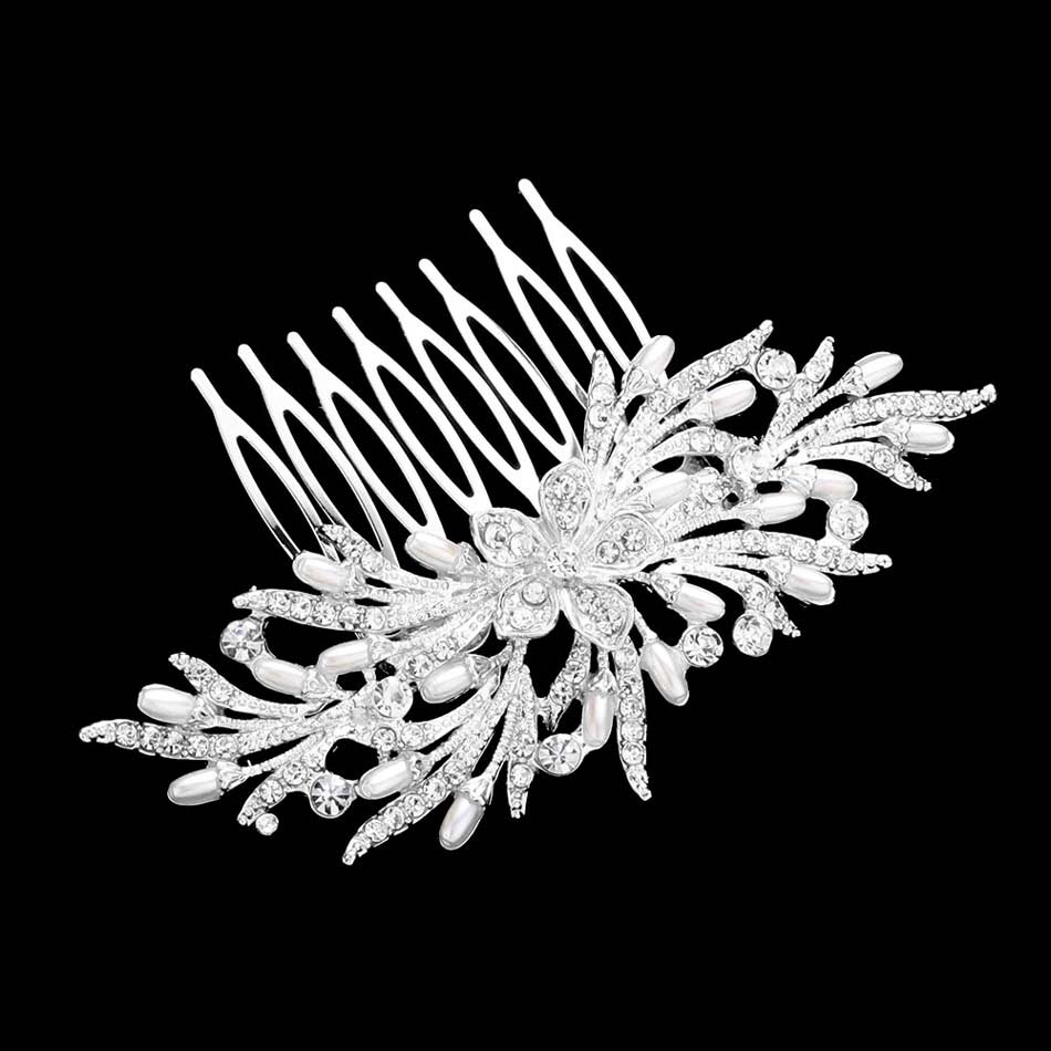 Silver Rhinestone Embellished Flower Pearl Leaf Hair Comb, amps up your hairstyle with a glamorous look on special occasions with this Embellished Flower Pearl Leaf Hair Comb! Perfect for adding just the right amount of shimmer & shine. These are Perfect Birthday Gifts, Anniversary Gifts, and Graduation gifts.