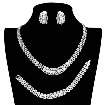 Silver Rhinestone Embellished Necklace Clip Earring Set. Stunning jewelry set will sparkle all night long making you shine out like a diamond. Perfect for adding just the right amount of shimmer & shine and a touch of class to special events. These gorgeous Rhinestone pieces will show your class in any special occasion. The elegance of these  set goes unmatched. These classy necklaces are perfect for Party, Wedding and Evening. Awesome gift for birthday, Anniversary, Valentine’s Day or any special occasion.