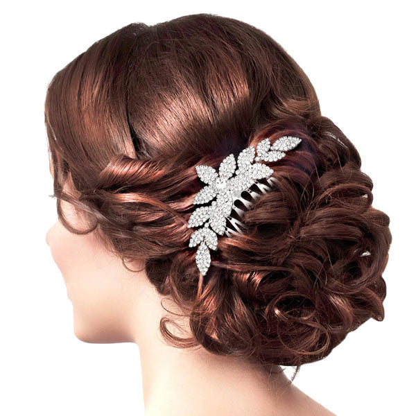 Silver Rhinestone Flower Hair Comb, is a classic wedding and regular gorgeous hair accessory that fits the bride and the bridesmaid. It's perfect for any hair color and type that makes you more glamourous and shiny on a special occasion. Add spectacular sparkle to your hairdo. These Flower & Leaf themed hair comb is perfect for weddings, engagements, proms, evenings, anniversaries, parties, banquets, dances.