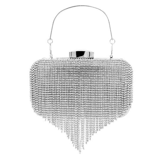 Silver Rhinestone Fringe Evening Clutch Crossbody Bag, This high quality Crossbody Bag is both unique and stylish. The size enough to hold essentials like mobile phone, cards, cash, keys and some makeups. perfect to match with your dress or to bring some bling to your outfit. suitable for, wedding, evening party and so on.