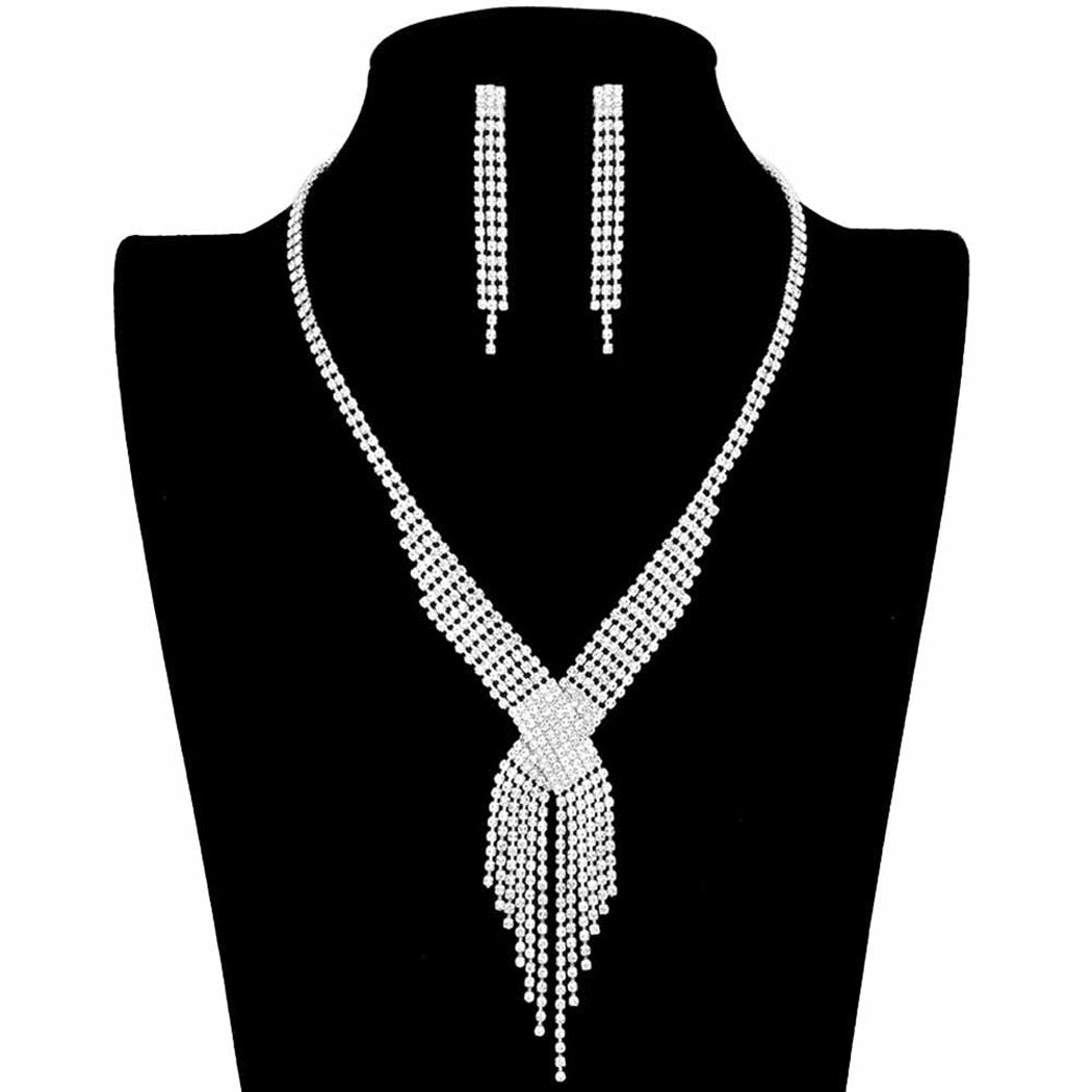 Silver Rhinestone Pave Fringe Necklace.  This magnificent pave fringe necklace will show a unique and gorgeous look with its open wide design. Give it to the loved one, or treat yourself for a trendy necklace style. You'll look and feel great with this fashion fringe necklace ! Pair this jewelry sets with any ensemble for a polished look, adds a gorgeous stylish glow to any outfit style, jewelry that fits your lifestyle! Fabulous gift, ideal for your loved one or yourself.