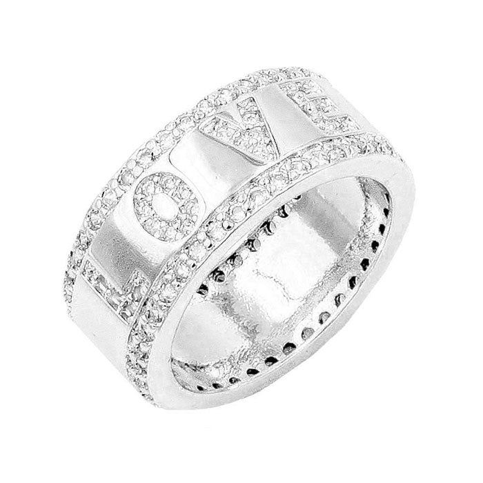 Silver Rhodium Plated CZ Embellished Love Message Ring. Beautifully crafted design adds a gorgeous glow to any outfit. Jewelry that fits your lifestyle! Perfect Birthday Gift, Anniversary Gift, Mother's Day Gift, Graduation Gift, Prom Jewelry, Just Because Gift, Thank you Gift, Valentine's Day Gift.