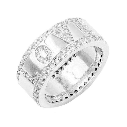 Silver Rhodium Plated CZ Embellished Love Message Ring. Beautifully crafted design adds a gorgeous glow to any outfit. Jewelry that fits your lifestyle! Perfect Birthday Gift, Anniversary Gift, Mother's Day Gift, Graduation Gift, Prom Jewelry, Just Because Gift, Thank you Gift, Valentine's Day Gift.