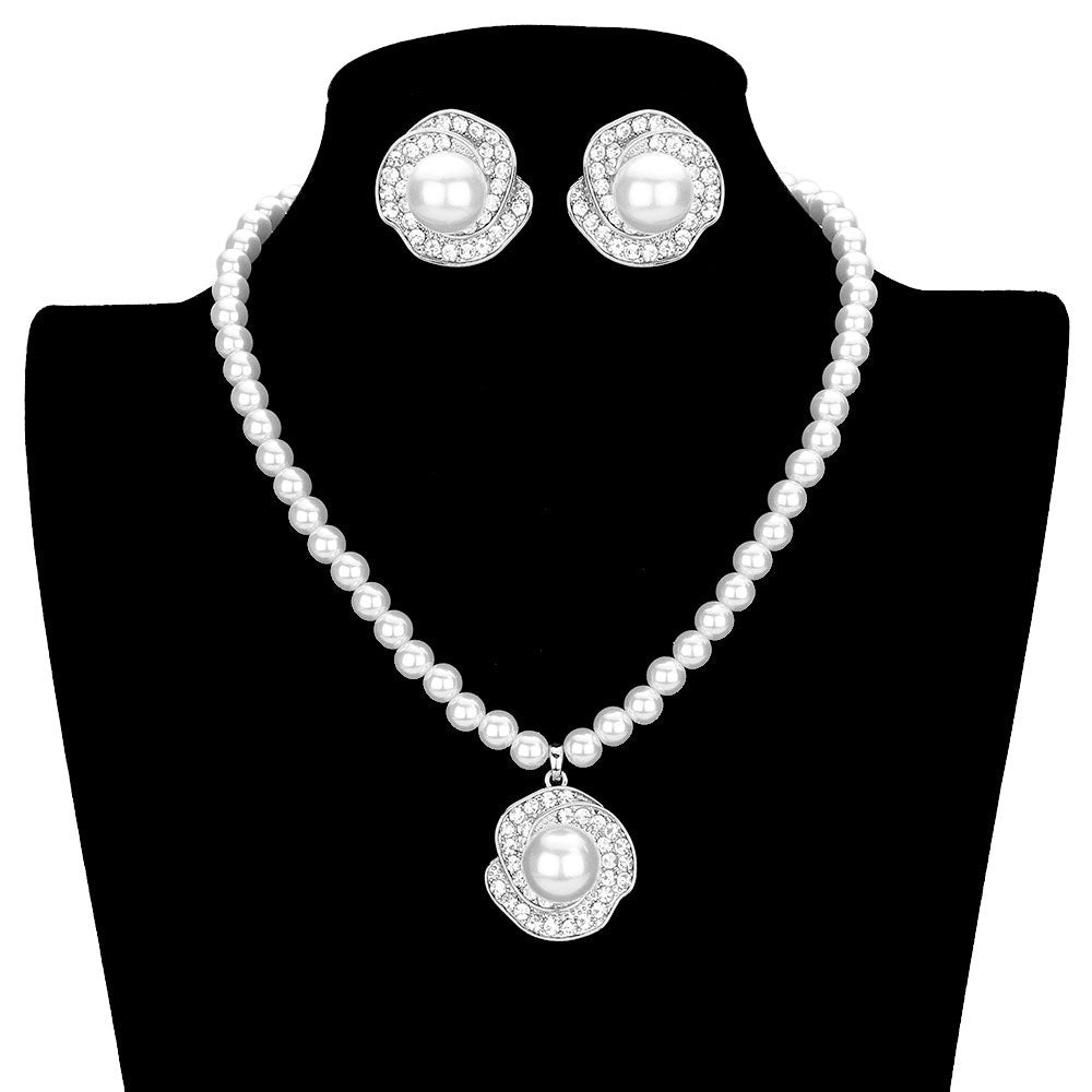 Silver Rosette Pearl Rhinestone Pave Collar Necklace. Wear together or separate according to your event with different outfits to add perfect luxe and class with incomparable beauty.  Perfectly lightweight for all-day wear. coordinate with any ensemble from business casual to everyday wear. These flower themed necklace set is a wonderful gift for birthdays, anniversaries, Valentine’s Day, or any special occasion. Have a praiseworthy look.