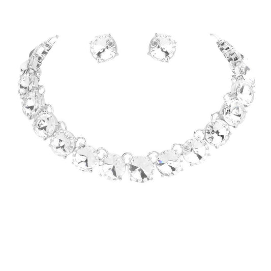 Silver Round Stone Link Evening Necklace, This gorgeous necklace jewelry set will show your class on any special occasion. The elegance of these stones goes unmatched, great for wearing at a party! Stunning jewelry set will sparkle all night long making you shine like a diamond on special occasions. Perfect jewelry to enhance your look and for wearing at parties, weddings, date nights, or any special event.