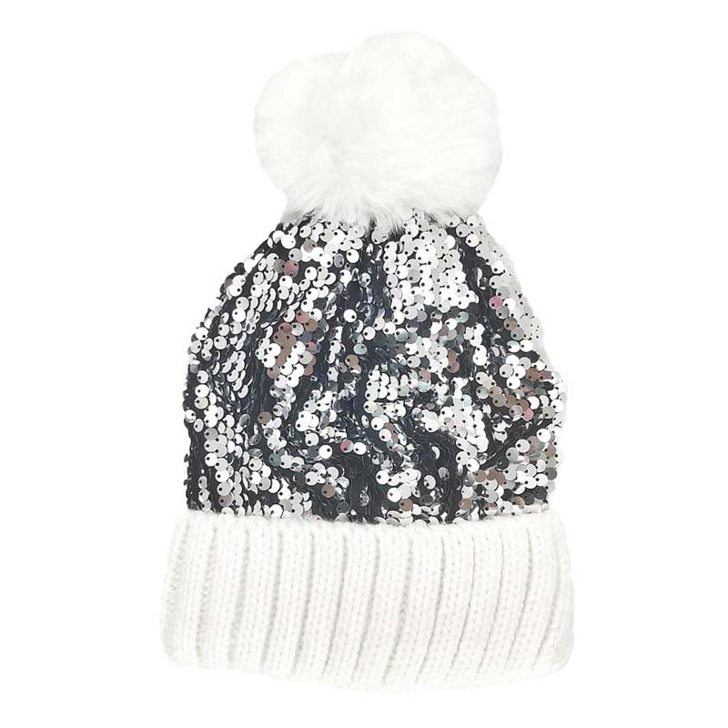 Silver Sequin Pom Pom Knit Beanie Hat, Knitted Beanie is designed with sequins and pom pom, chic and lovely, to make you more charming and attractive in autumn and winter. The beanie hat for women is made from high-quality material and sequins, which is chunky and warm, making it ideal for winter warmth, while be stylish in the crowds at the same time.