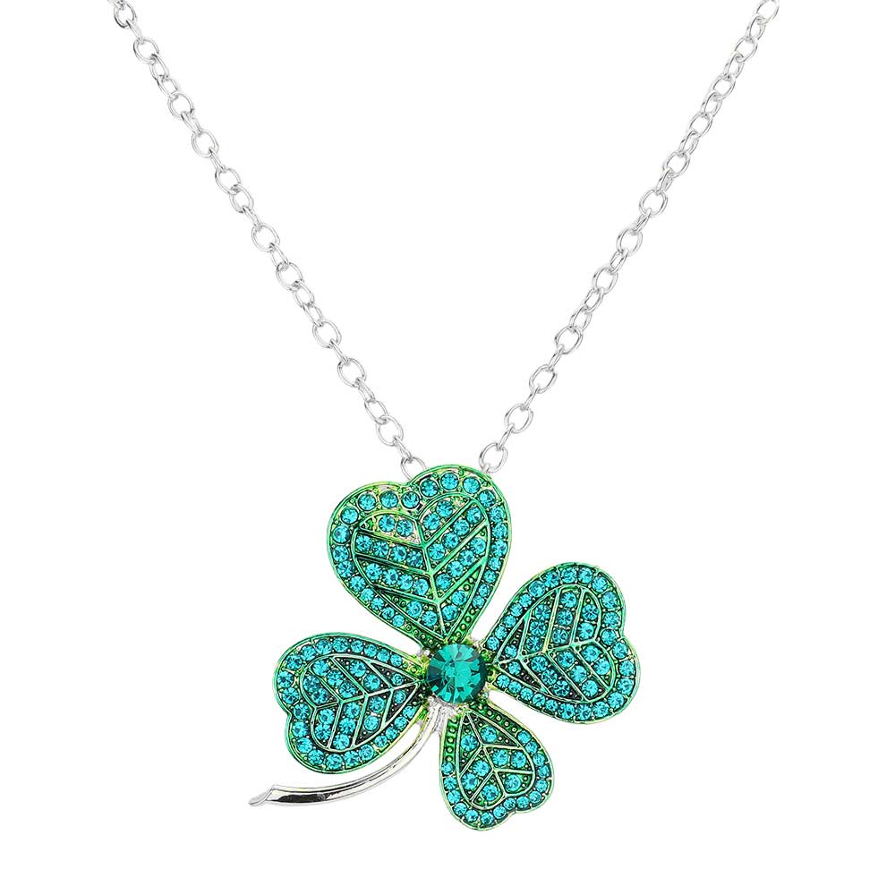 Silver St. Patrick's Day Stone Embellished Clover Pendant Necklace, is perfect to accent your love for the Irish while wearing this beautiful necklace. The luck of St. Patrick's Day will be with you this year with these beautiful clover pendant necklaces. These cute stone-embellished necklaces are the perfect accessory to finish off any festive look. This necklace will be fit for St. Patrick's Day parties, night parties, and carnivals.