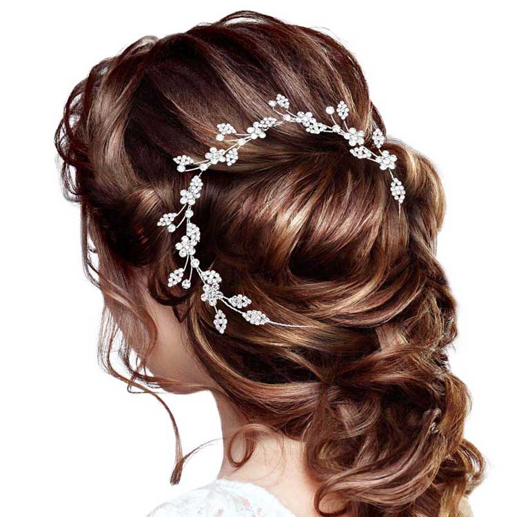 Silver Stone Embellished Flower Cluster Vine Bun Wrap Headpiece, Keep your hairstyle as glamorous as you are with this Stone headpiece! Add spectacular sparkle into your hair do. Perfect for adding just the right amount of shimmer & shine, will add a touch of class, beauty and style to your wedding, prom, special events, embellished flower leaf cluster to keep your hair sparkling all day & all night long. 