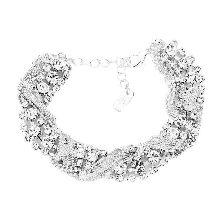 Silver Tangled Chain Crystal Rhinestone Evening Bracelet, this Crystal Rhinestone Bracelet sparkles all around with it's surrounding round stones, stylish evening bracelet that is easy to put on, take off and comfortable to wear. It looks modern and is just the right touch to set off LBD. Fabulous gift, ideal for your loved one or yourself.