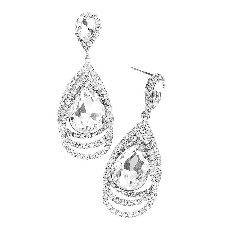 Silver Teardrop Centered Rhinestone Trimmed Dangle Evening Earrings. Beautifully crafted design adds a gorgeous glow to any outfit. Jewelry that fits your lifestyle! Perfect Birthday Gift, Anniversary Gift, Mother's Day Gift, Anniversary Gift, Graduation Gift, Prom Jewelry, Just Because Gift, Thank you Gift.