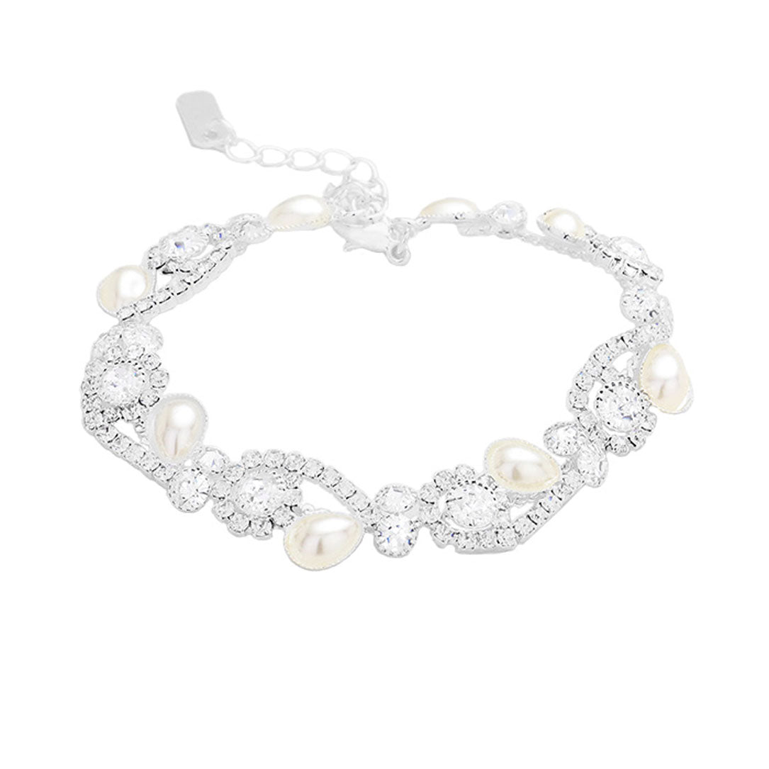 Silver Teardrop Pearl Detail Rhinestone Pave Floral Evening Bracelet, put on a pop of color to complete your ensemble. Perfect for adding just the right amount of shimmer & shine and a touch of class to special events. Perfect Birthday Gift, Anniversary Gift, Mother's Day Gift, Graduation Gift, Valentine’s Gift.
