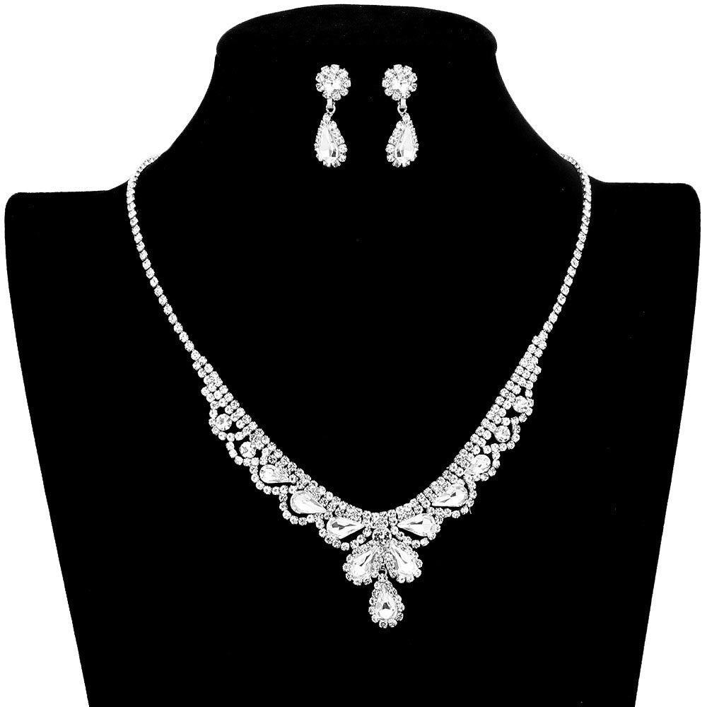 Silver Teardrop Stone Accented Rhinestone Necklace, stunning jewelry set will sparkle all night long making you shine out like a diamond. simple sophistication makes a standout addition to your collection, designed to accent the neckline adds a gorgeous stylish glow to any outfit style, jewelry that fits your lifestyle! Perfect Birthday Gift, Valentine's Day Gift, Anniversary Gift, Mother's Day Gift, Just Because Gift.