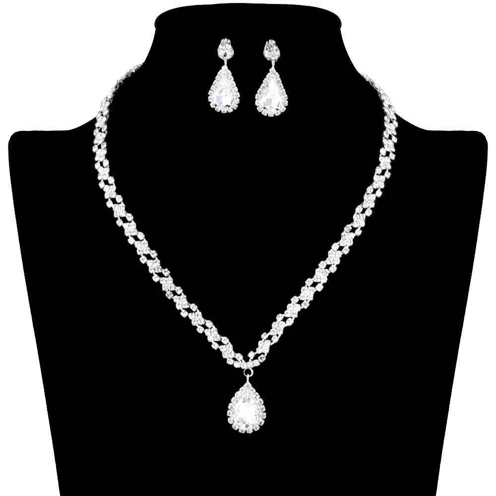 Silver Teardrop Stone Pendant Accented Rhinestone Pave Necklace, is a stunning jewelry set that will sparkle all night long making you shine like a diamond on special occasions. Wear together or separately according to your event with different outfits to add perfect luxe and class with incomparable beauty. 