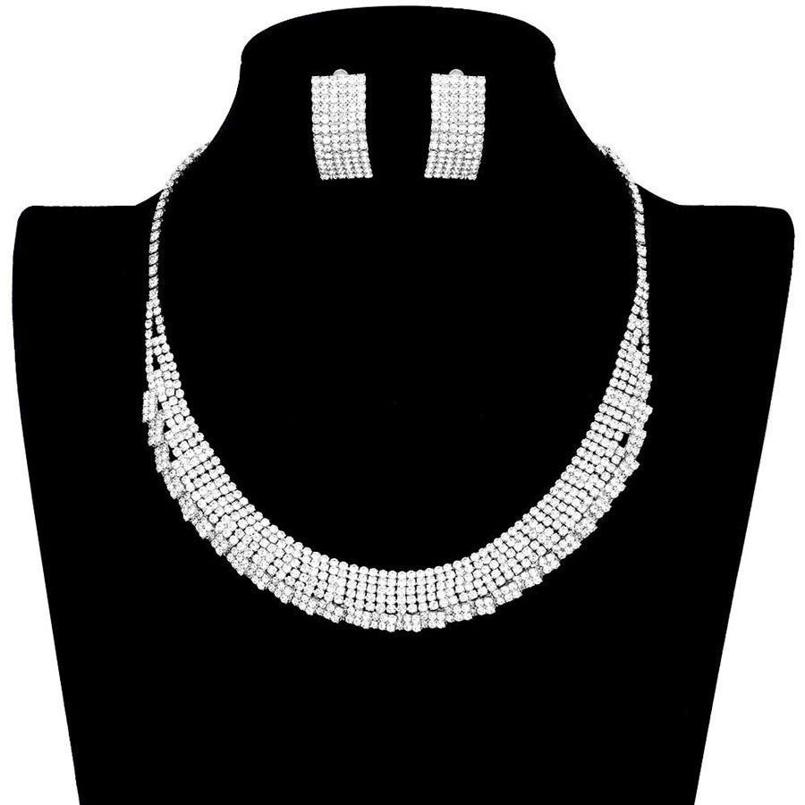 SIlver Trendy Crystal Rhinestone Pave Collar Necklace Earring Set. Stunning jewellery sets suits any style and occasion wear over your favorite tops and dresses this season!  Adds the perfect accent to your wardrobe. A timeless treasure designed to accent the neckline adds a gorgeous stylish glow to any outfit style, jewelry that fits your lifestyle! This piece is versatile and goes with practically anything! Fabulous gift, ideal for your loved one or yourself.