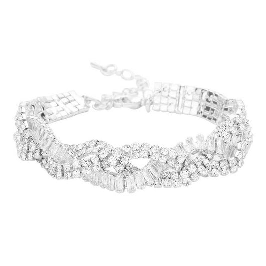 Silver Twisted CZ Stone Pave Evening Bracelet. These gorgeous Stone pieces will show your class in any special occasion. The elegance of these Stone goes unmatched, great for wearing at a party! Perfect jewelry to enhance your look. Awesome gift for birthday, Anniversary, Valentine’s Day or any special occasion.