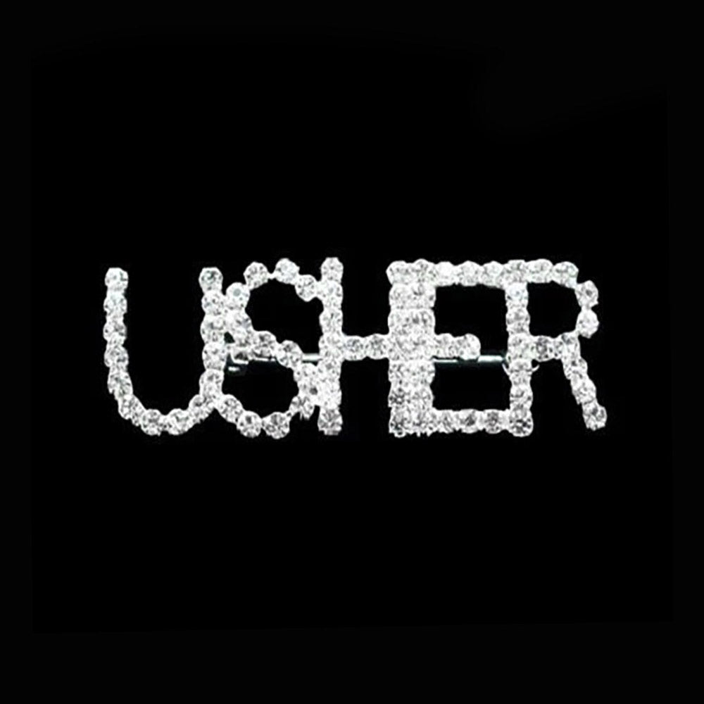 Silver Usher Rhinestone Pin Brooch, the stunning brooch is embellished with rhinestones making up the words usher. This kind of brooch is sparkling and unique. It will help you create a perfect impression on any occasion. 