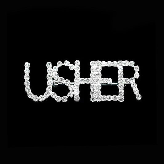 Silver Usher Rhinestone Pin Brooch, the stunning brooch is embellished with rhinestones making up the words usher. This kind of brooch is sparkling and unique. It will help you create a perfect impression on any occasion. 