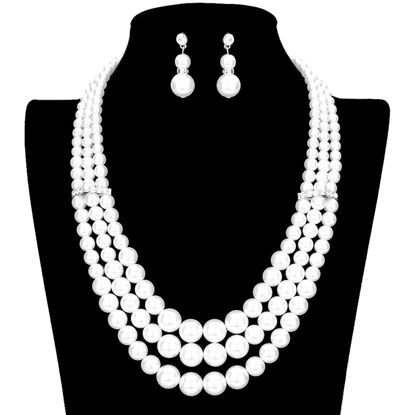 Silver White Triple Layer Pearl Strand Necklace, dare to dazzle with this bejeweled necklace set, designed to accent the neckline, including dangle earrings, which are a perfect way to add sparkle to everything, showing off your elegance. Wear together or separate according to your event. Perfect Gift, Birthday, Anniversary, Prom, Mother's Day Gift, Sweet 16, Wedding, Quinceanera. 